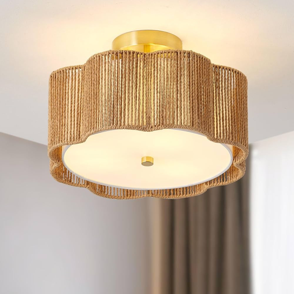 Rattan Ceiling Light Fixtures Flush Mount,3-Light Boho Light Fixtures Ceiling Mount for Bedroom,C... | Amazon (US)