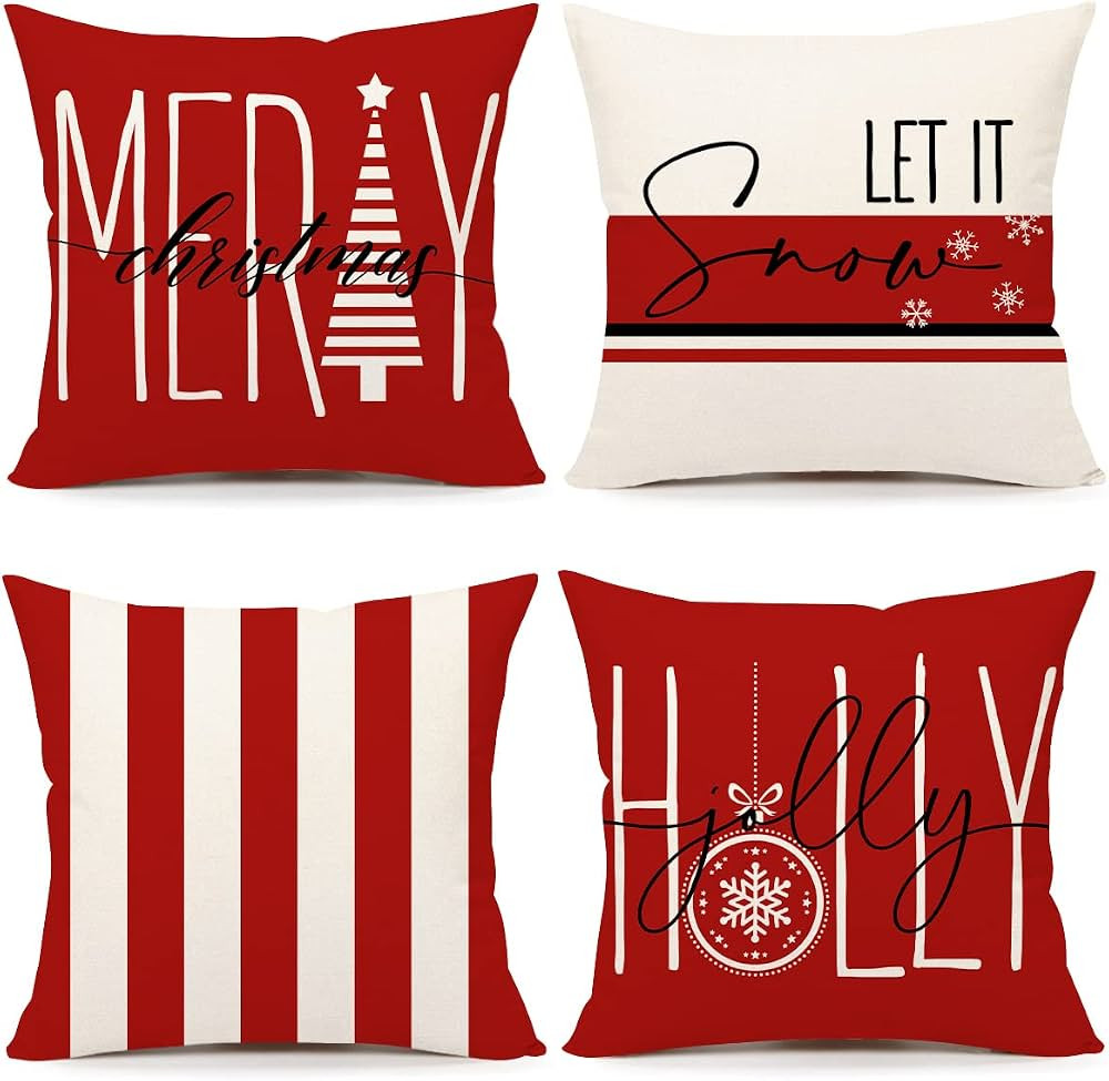 Red Christmas Pillow Covers 18x18 Set of 4 Farmhouse Christmas Decorations Let It Snow Holly Joll... | Amazon (US)