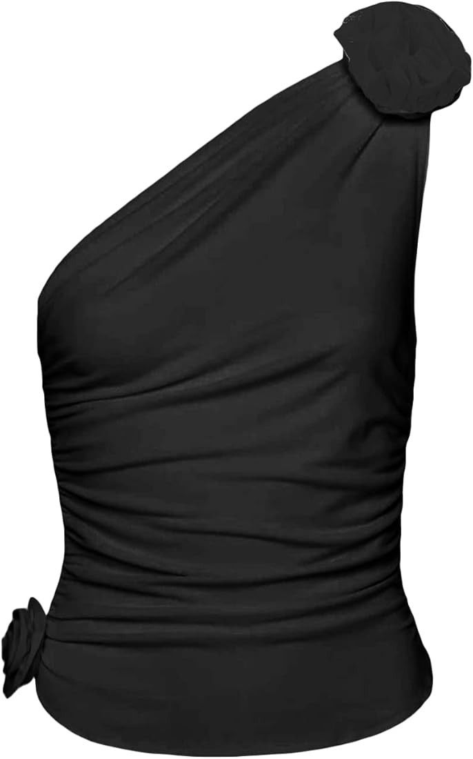 Backless Halter Crop Top for Women 3D Flower One Shoulder Ruched Tank Top Y2k Ruffle Frill Summer... | Amazon (CA)