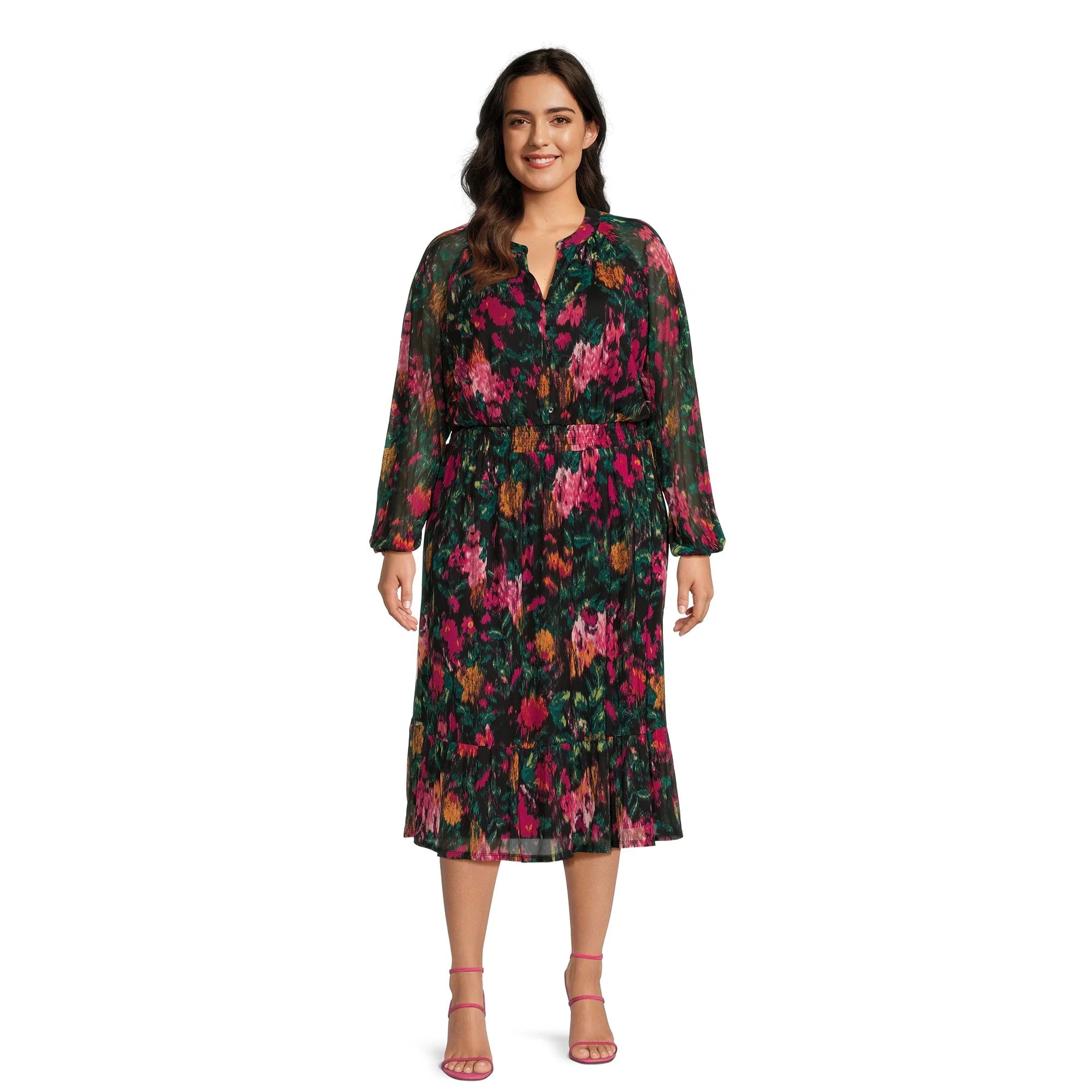 Terra & Sky Women's Plus Size Mesh Peasant Midi Dress with Smocked Waist - Walmart.com | Walmart (US)