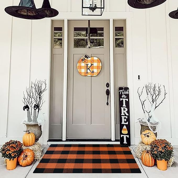 DR.NATURE Orange and Black Plaid Rug, 43" x 27.5" Halloween Front Fall Decor Door Mat Cotton Hand... | Amazon (US)