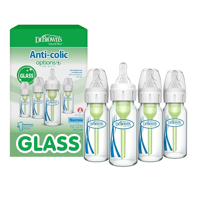 Dr. Brown's Anti-Colic Options+ Narrow Glass Baby Bottle, 4 oz/120 mL, with Level 1 Slow Flow Nip... | Amazon (US)