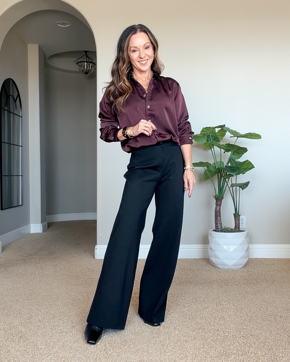 These black wide-leg pants have core compression, built-in tummy shaping, and the rich burgundy satin blouse is so pretty for fall!

💥 Save 10% with code HOLLYFXSPANX for new customers!

For reference: I’m 5’1”, 106 lbs. Wearing XS Petite in the pants & XS in the blouse. Everything is unaltered.

Black wide leg pants, tummy control dress pants, burgundy satin blouse, fall workwear, office outfits, petite dress pants, fashion over 50, petite fashion, fall outfit ideas