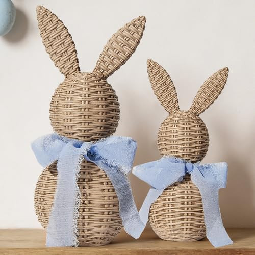 WDS WONDROUS Easter Decorations Bunny Figurines Set, Rattan Effect Resin Bunnies with Light Blue Bow 2-Pcs Large & Small, Farmhouse Spring Table Centerpiece Decor for Home Wedding Gift | Amazon (US)