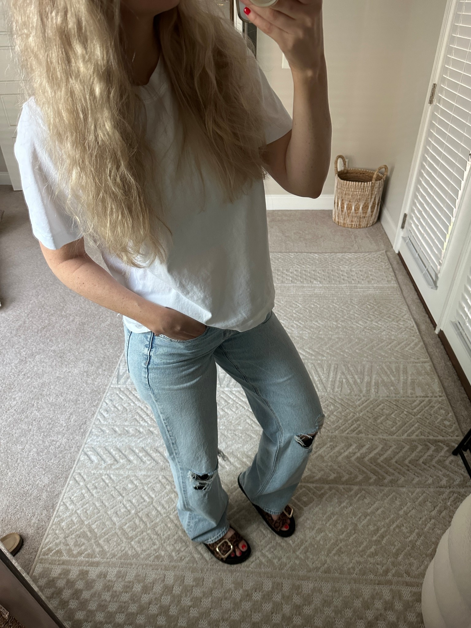 Relaxed spring outfit. Memorial Day sale on American eagle jeans and tops + more! My distressed wide leg stovepipe jeans are on sale for Memorial Day. My lux cropped white tee shirt is also on sale for Memorial Day!! 

Sizes:
Jeans - 4 xLong (I’m 5’7”)
Top - xsmall (this top runs large)
Leopard print sandals - true to size

#LTKFindsUnder50 #LTKSaleAlert