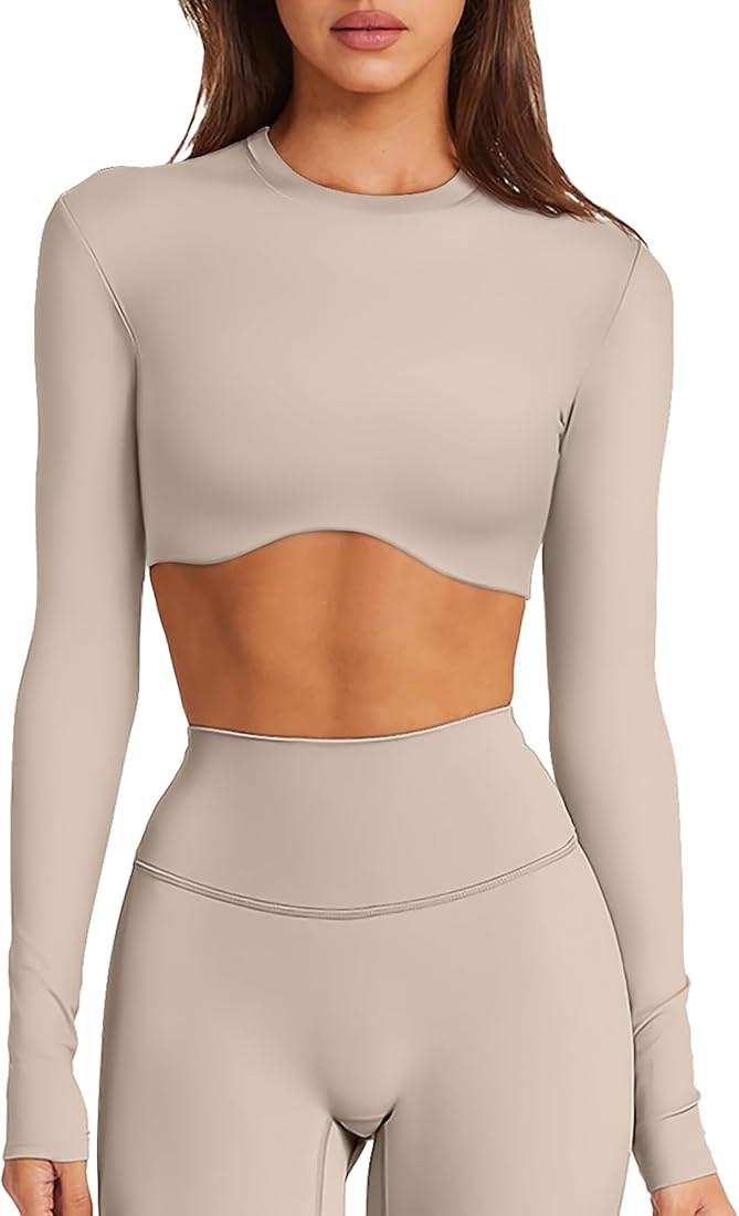 Double Lined Long Sleeve Crop Tops for Women Sexy High Neck Workout Tops Athletic Gym Shirts Runn... | Amazon (US)