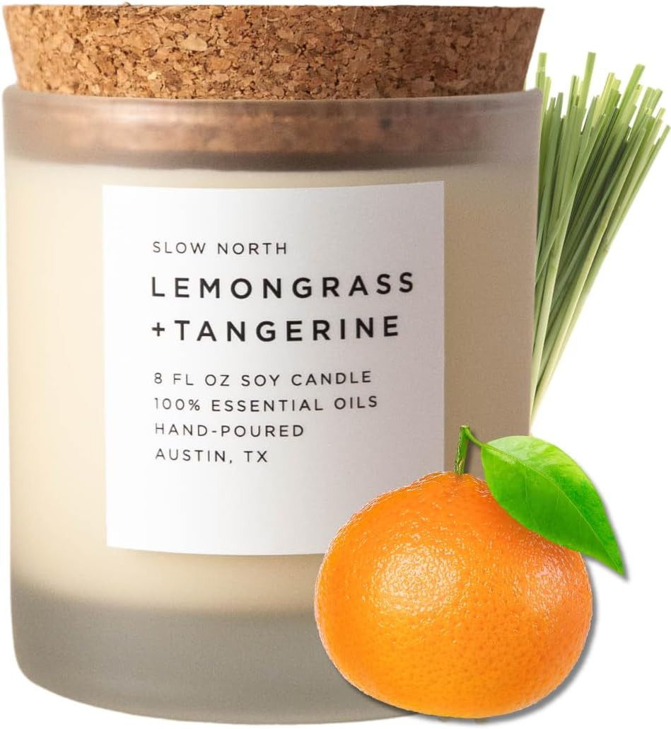 Lemongrass + Tangerine Candle - Essential Oils and 100% Pure Soy Wax Candle in a Reusable Frosted... | Amazon (US)