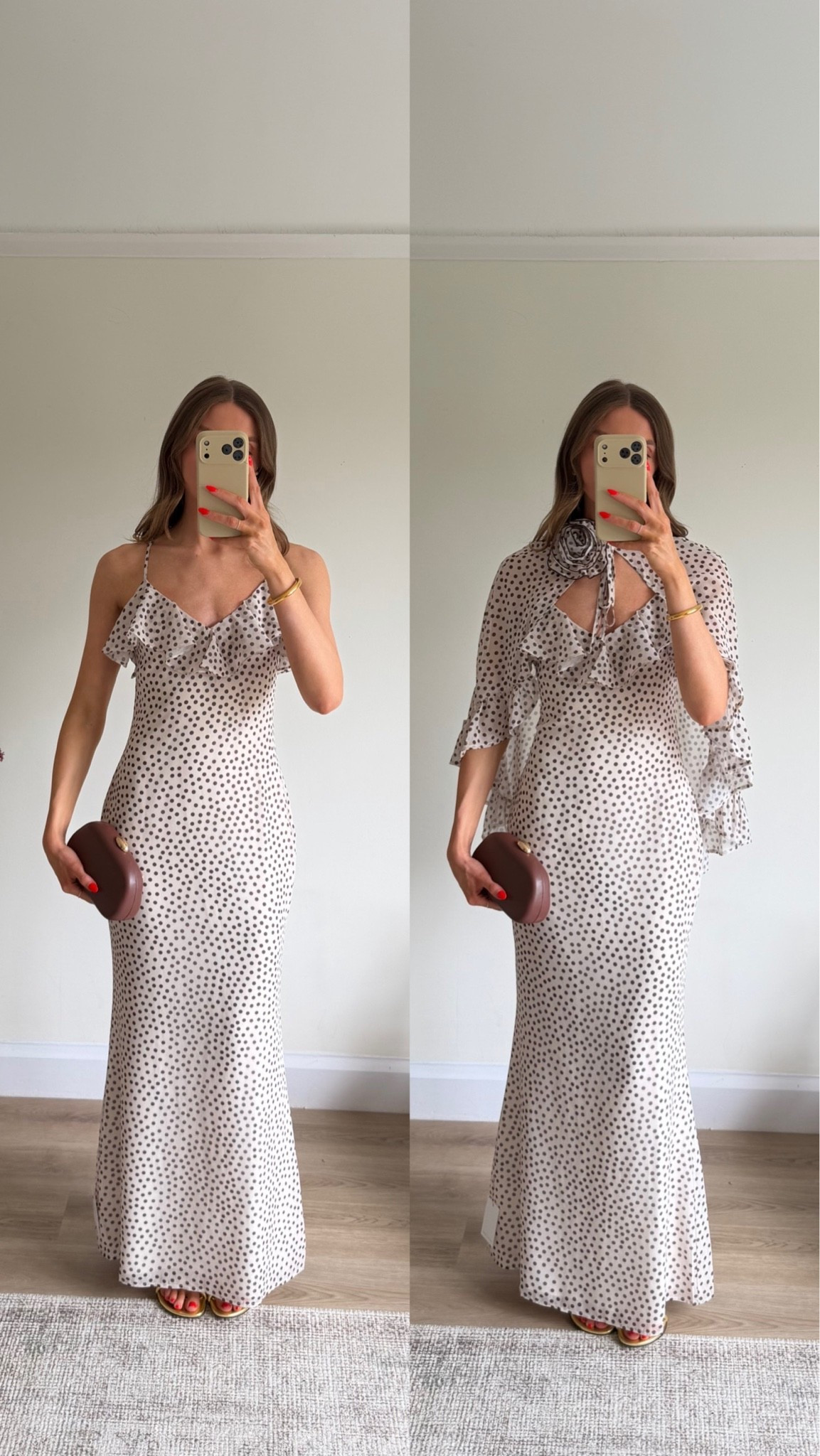 Pretty lavish dress try on 
Trying a size 8 in the Oriana Corsage Cape Maxi Dress - Cream and Brown Polkadot 
I’m 5ft 6

#LTKuk #LTKspring #LTKsummer