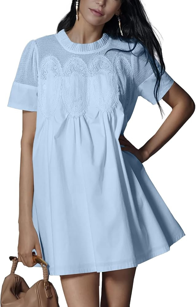 Shiyifa Womens Babydoll Lace Patchwork Dresses Summer Short Sleeve Ruffle Sundress Loose Crew Nec... | Amazon (US)