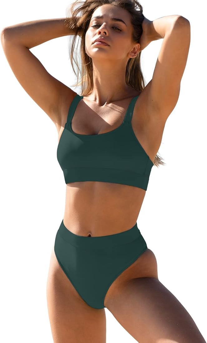 ZINPRETTY Women High Waisted Bikini Set Sports Color Block Swimsuit Scoop Neck Cheeky Bathing Sui... | Amazon (US)