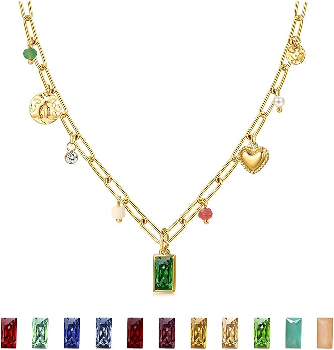 Gold Necklace for Women Dainty 14K Gold Plated Birthstone Necklace Green Blue Pendant Charm Neckl... | Amazon (US)