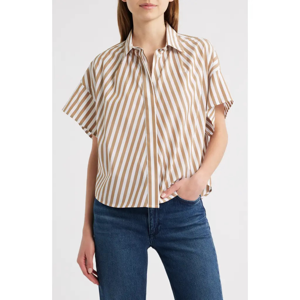 rag & bone Maura Stripe High-Low Cotton Poplin Button-Up Shirt in Brown Stripe at Nordstrom Rack, Size X-Large | Nordstrom Rack