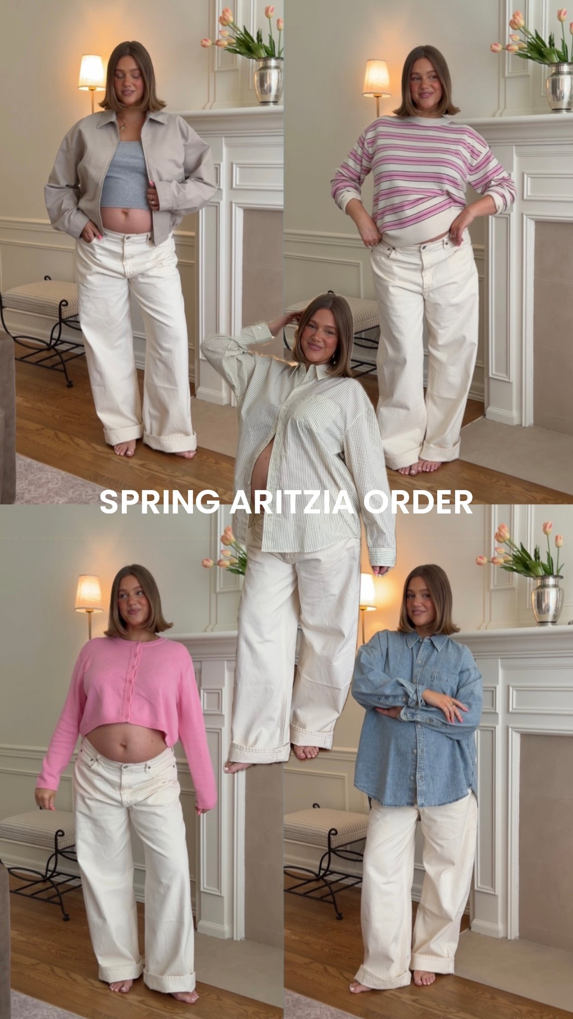 Size L in everything except pink striped sweater I got a medium it runs big! Honestly everything runs pretty loose so stick with true size. I went up in low rise jeans to a 31 for pregnancy, my typical size in this jean is a 29 for a low rise fit. Loveeee them. 

#pregnancy #bresheppard #pregnant #secondtrimester #aritzia #lowrise #agolde 

#LTKBump #LTKgrwm