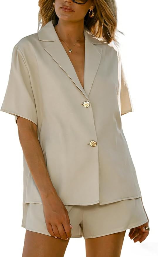 APAFES Women 2 Piece Set Button Down Shirt Shorts Sets Summer Two Piece Outfits Beach Vacation Ca... | Amazon (US)