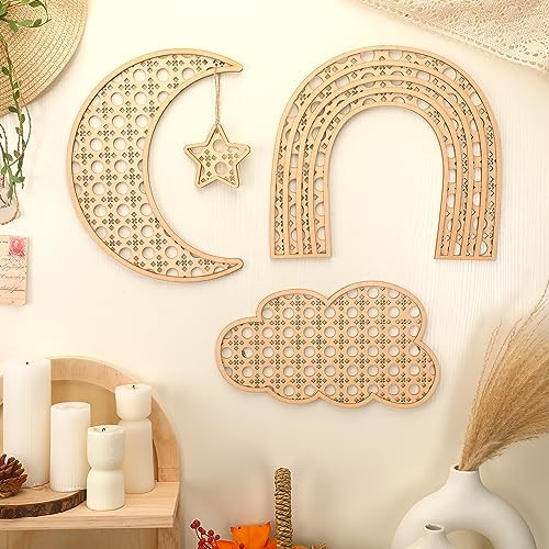 Geetery Boho Wooden Rainbow Nursery Decor Cloud Decor Moon Decor Ornaments, Boho Cloud Baby Room Wall Decor for Nursery Boho Wooden Rattan Moon and Stars Nursery Decor for Baby Girl or Baby Boy | Amazon (US)