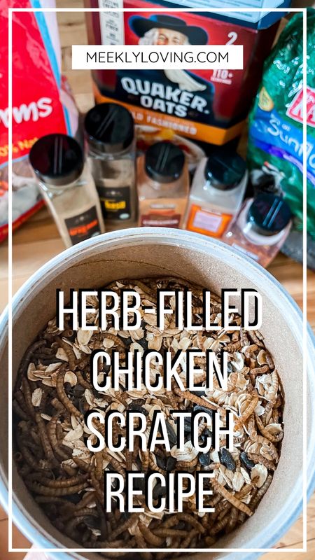 Easy DIY herb filled chicken scratch recipe! Our flock loves this and will eat it from our hands. I buy most of the ingredients from Costco, but I linked similar here for easy access!

Check out my blog post at meeklyloving.com for the full recipe + benefits of all the ingredients 🐓