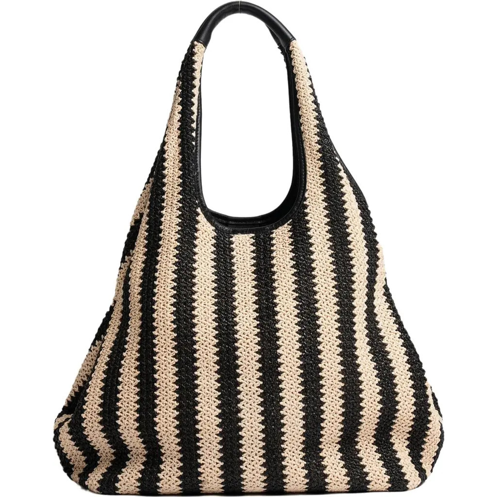 Saint + Sofia Large Stella Shoulder Tote Bag in Beige/black Raffia at Nordstrom | Nordstrom