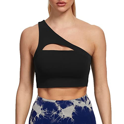 Aoxjox Women's Workout Sports Bras Fitness Gym Olivia Asymmetric One Shoulder Padded Bra Yoga Crop Tank Top (Black, X-Small) | Amazon (US)