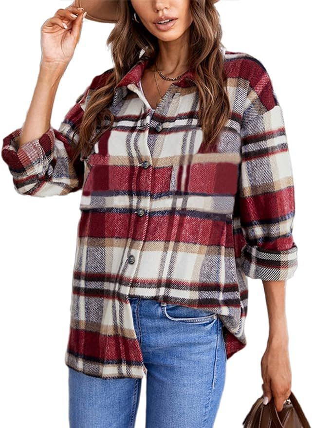 Tanming Womens Brushed Flannel Plaid Lapel Button Short Pocketed Shacket Shirts Coats（01 Khaki-... | Amazon (US)