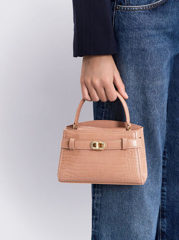 Blush Aubrielle Croc-Effect Top Handle Bag | CHARLES & KEITH | Charles & Keith US