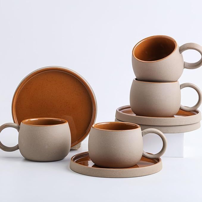 Elegant 4-Piece Brown Ceramic Coffee Cups and Saucers Set - 4 Cups & 4 Saucers - 8oz Espresso, Ca... | Amazon (US)