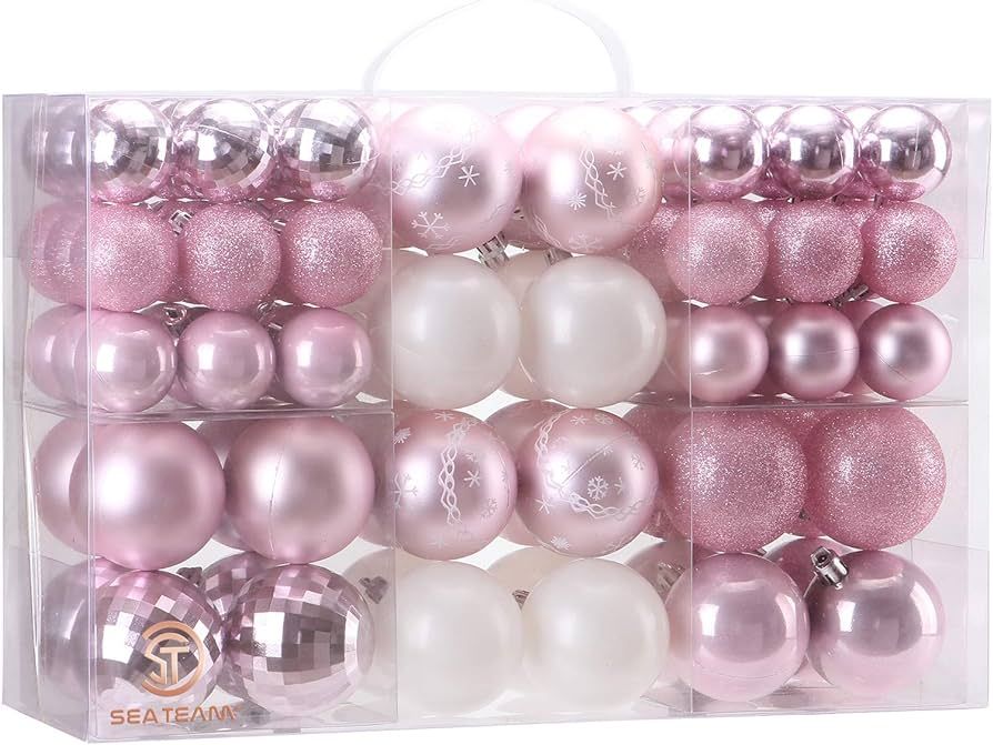 Sea Team 86-Pack Shatterproof Pink Christmas Ball Ornaments Set, Assorted Multi-Sized Hanging Bau... | Amazon (US)