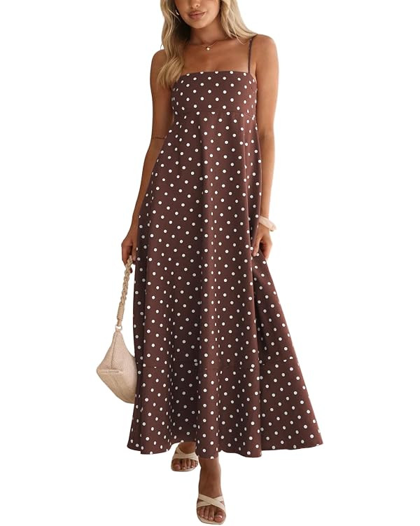 CHOUYATOU Women's 2026 Vintage Polka Dot Maxi Dress Back Smocked Spaghetti Strap Ruffle Hem Swing... | Amazon (CA)