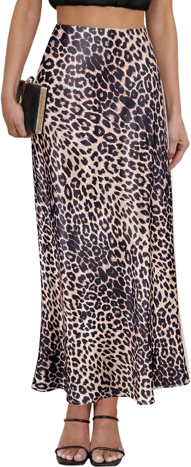 Women's Leopard Print Satin Maxi Skirt High Waisted Elastic Waistband Silk A-Line Casual Party 20... | Amazon (US)