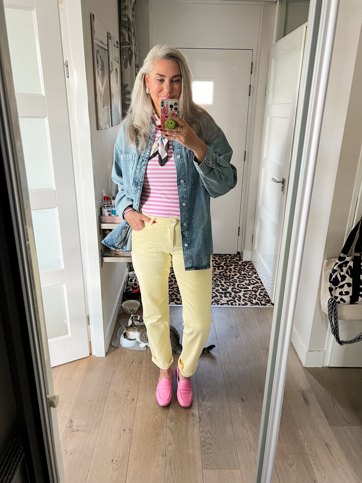 Ootd - Saturday. Butter yellow jeans (https://www.perfectjeans.dk/MARLOUSDEWIT size L) paired with a pink striped t-shirt, feather soft oversized denim shirt, satin scarf, cc brooch, silver drop earrings and pink leather loafers. 



#LTKnederlands #LTKeurope #LTKspring