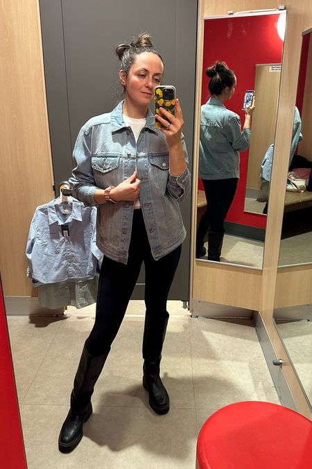 Denim jacket - target find 
This oversized denim jacket is a spring must-have for chilly nights. Wear it with black leggings, white jeans, a slip skirt or a sundress. #spring #springstyle #denimjacket #springouterwear #outerwear #blackboots #platformboots #align #alignleggings #lululemon

#LTKtravel #LTKSeasonal #LTKfindsunder50