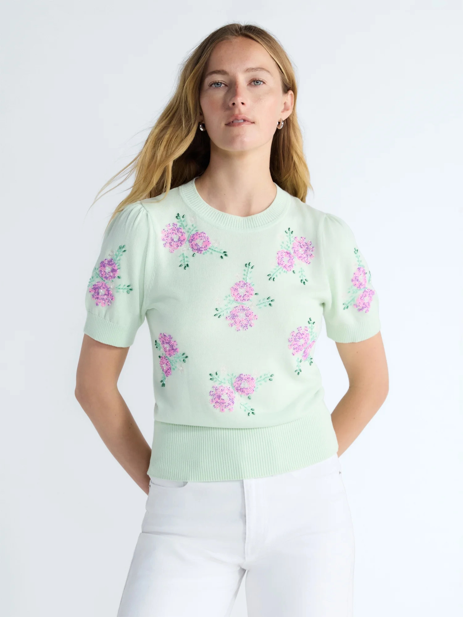 Free Assembly Women's and Women's Plus Beaded Floral Sweater with Puff Sleeves, Lightweight, Size... | Walmart (US)