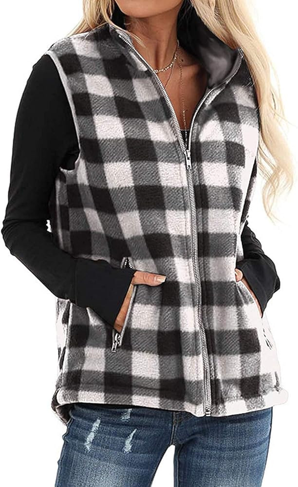 Oritina Womens Casual Lapel Open Front Plaid Vest Cardigan Coat with Pockets | Amazon (US)