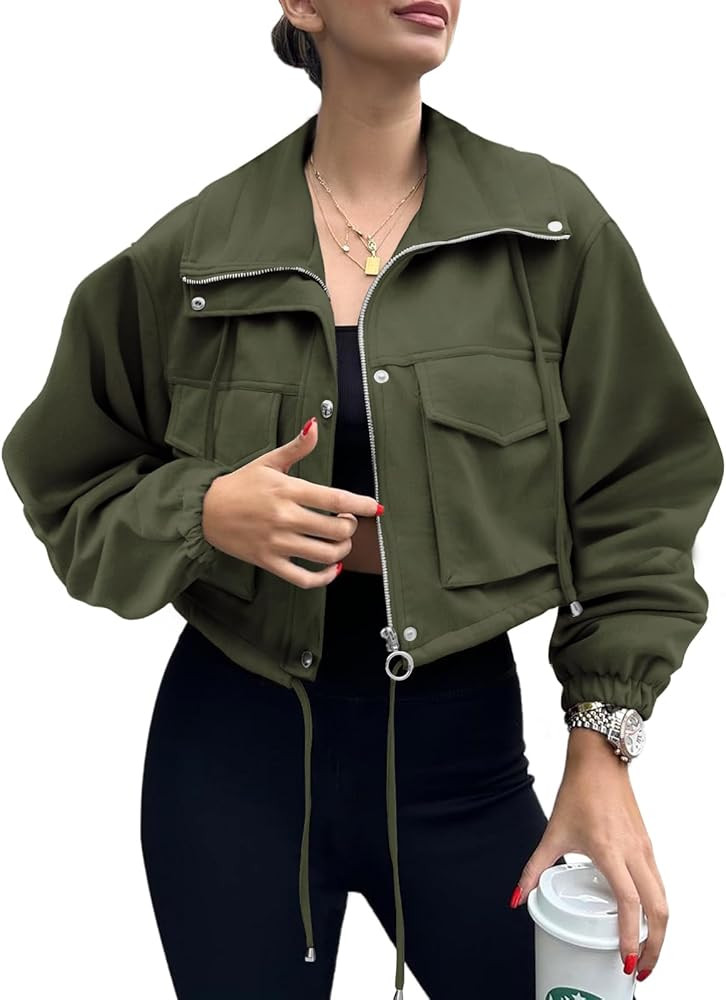 Womens Cropped Jacket Faux Suede Zip Up Oversized Anorak Coats with Pockets Utility Jackets | Amazon (US)