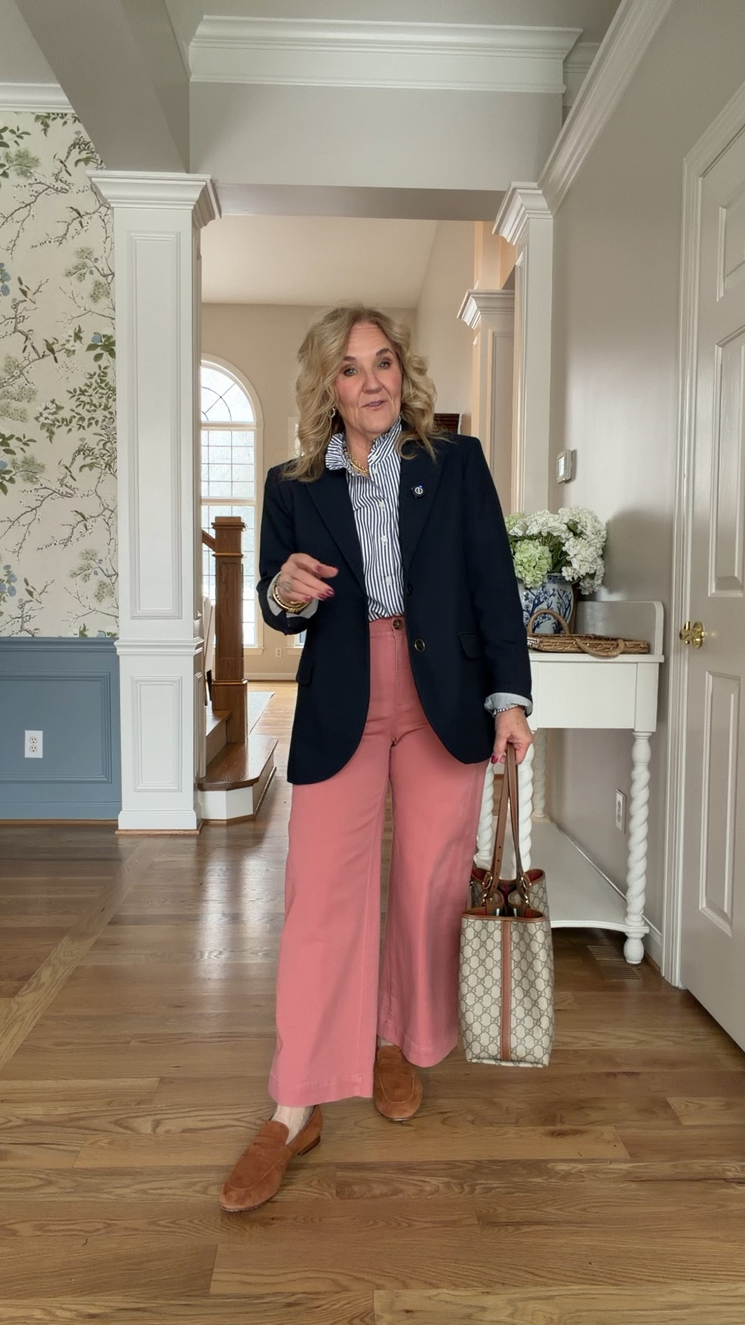 A few favorite pink styles 

Pink pants 6 reg 
Striped blouse medium 
Navy blazer 10 petite 

#LTKSaleAlert #LTKOver40 

#LTKPetite #LTKWorkwear