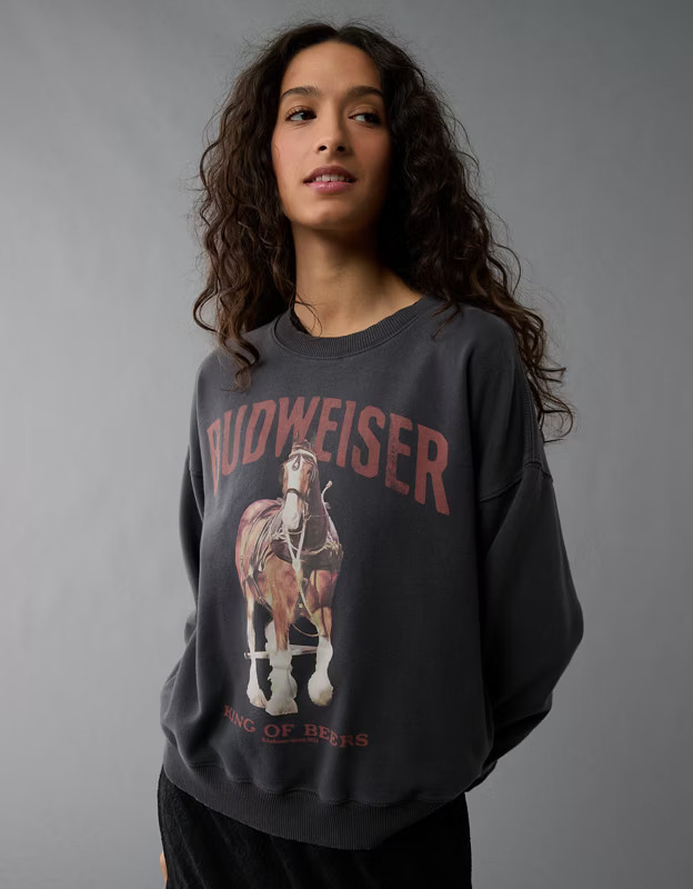 AE Holiday Budweiser Graphic Relaxed Crew Neck Sweatshirt | American Eagle Outfitters (US & CA)