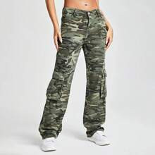 Womens Button Waistband Pocket Camo Casual Fashion Cargo Pants | SHEIN