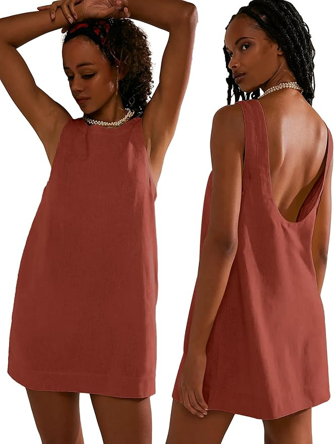 VIUTIL Womens Summer Linen Mini Dress Boat Neck Low Back Sleeveless Tank Dresses with Pockets 202... | Amazon (US)