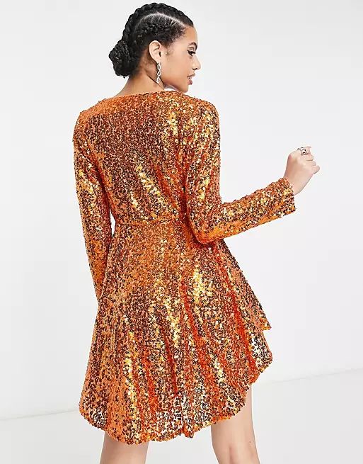 Collective the Label exclusive sequin wrap mini dress in orange | ASOS (Global)