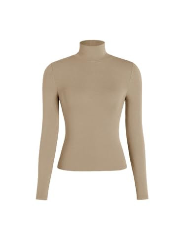 CIDER Turtle Necks Tops for Women Long Sleeve Shirts Mock Neck Solid Basic Tee Slim Fit Soft Base Layer Fall Tops: Khaki, XL | Amazon (US)