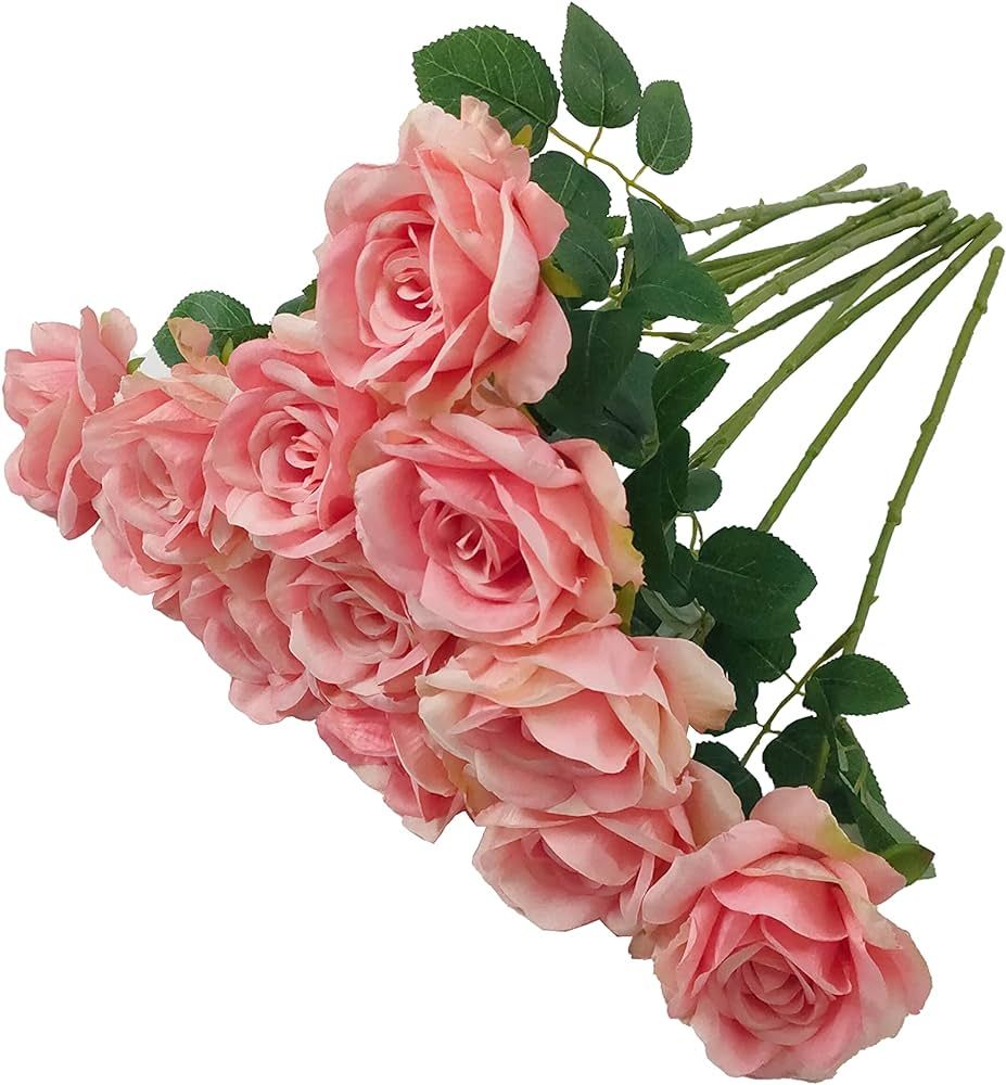 ATFL Pink Flowers,12 Pcs Pink Roses,Fake Roses Artificial Flowers Bulk,Silk Rose Flowers,Artifici... | Amazon (US)