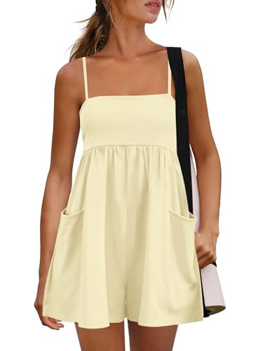 Yanekop Womens Summer Romper Shorts Workout Athletic Romper Casual Spaghetti Strap One Piece Jumpsuits Vacation Outfits(Light Yellow,S) | Amazon (US)