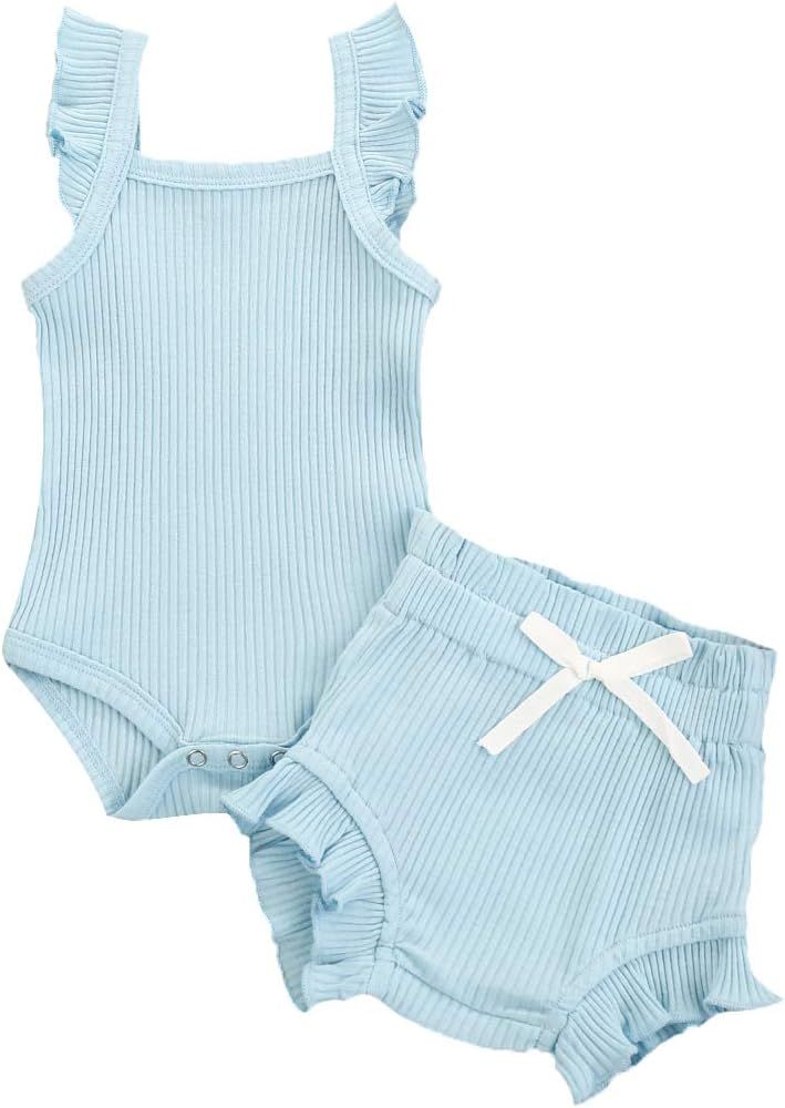 GOOCHEER Newborn Infant Baby Girl Knitted Ruffle Sleeveless Romper Ribbed Bodysuit Tank Tops Shor... | Amazon (US)