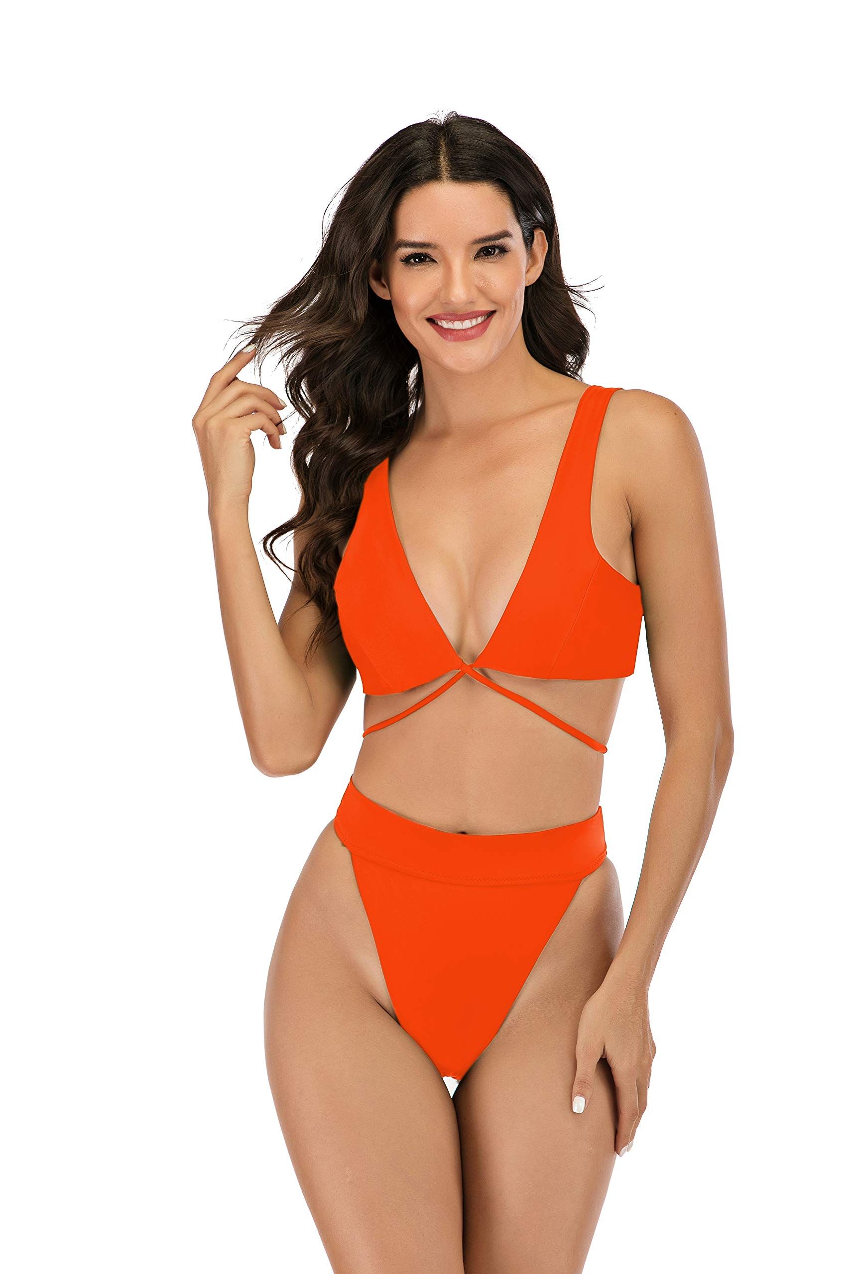 SherryDC Women's Self Tie Cross Front High Cut Thong Bikini High Waisted Swimsuit | Amazon (US)