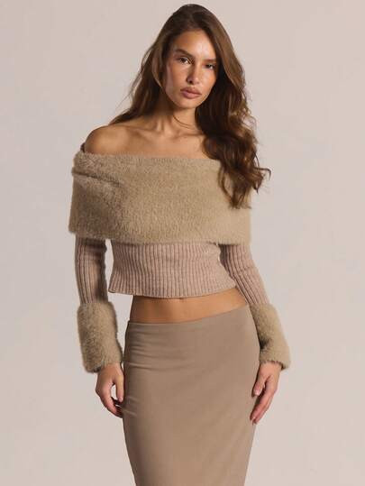 MUSERA Off-The-Shoulder Fur Fold Over Neckline Ribbed Fitted Long Sleeve Fur Cuff Top Autumn Wint... | SHEIN
