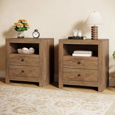 Farmhouse Nightstand with Storage Drawers, Bedside Table with Open Shelf for Bedroom | Wayfair North America
