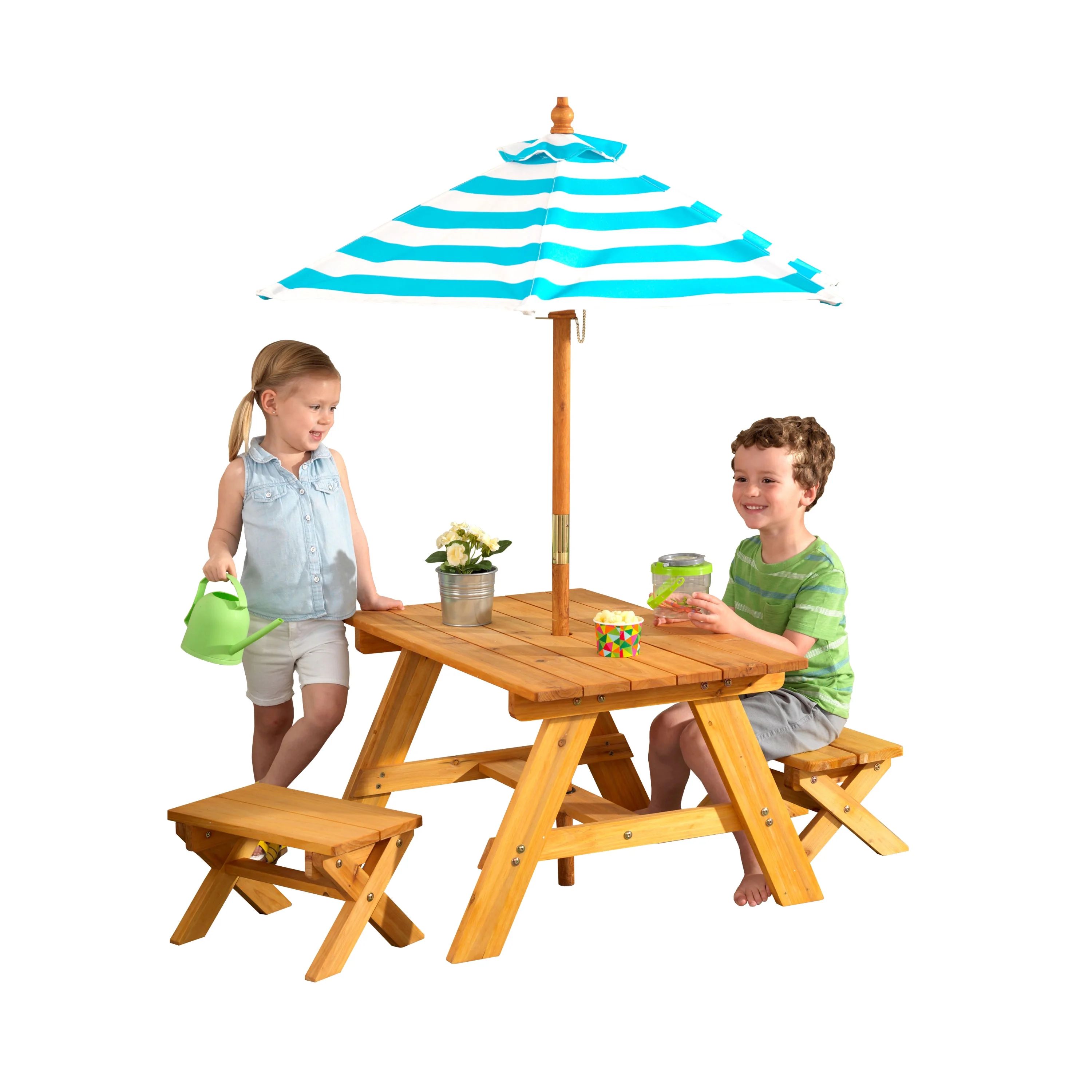KidKraft Outdoor Wooden Table & Bench Set, Striped Umbrella, Turquoise and White - Walmart.com | Walmart (US)