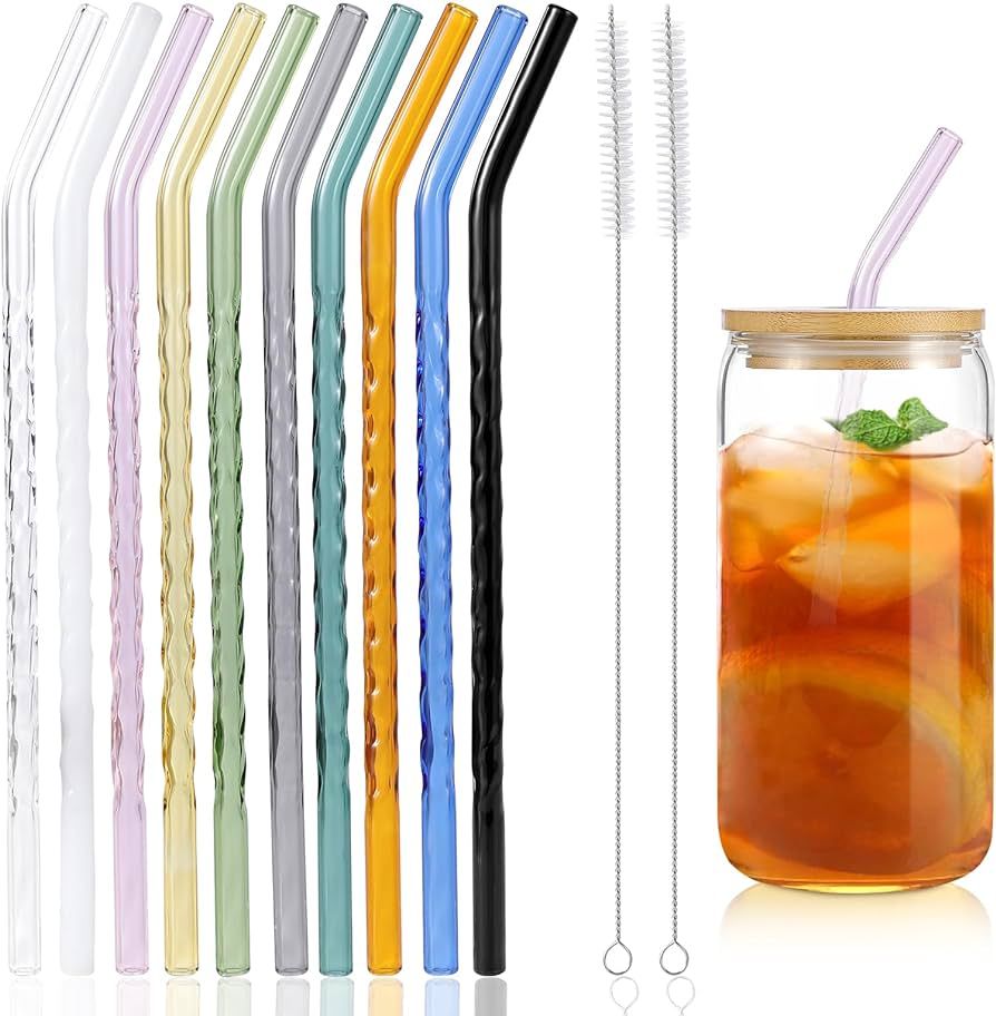 10 Pcs Reusable Bent Colored Glass Straws,9''x8 mm Shatter Resistant Cute Drinking Straws with 2 ... | Amazon (US)