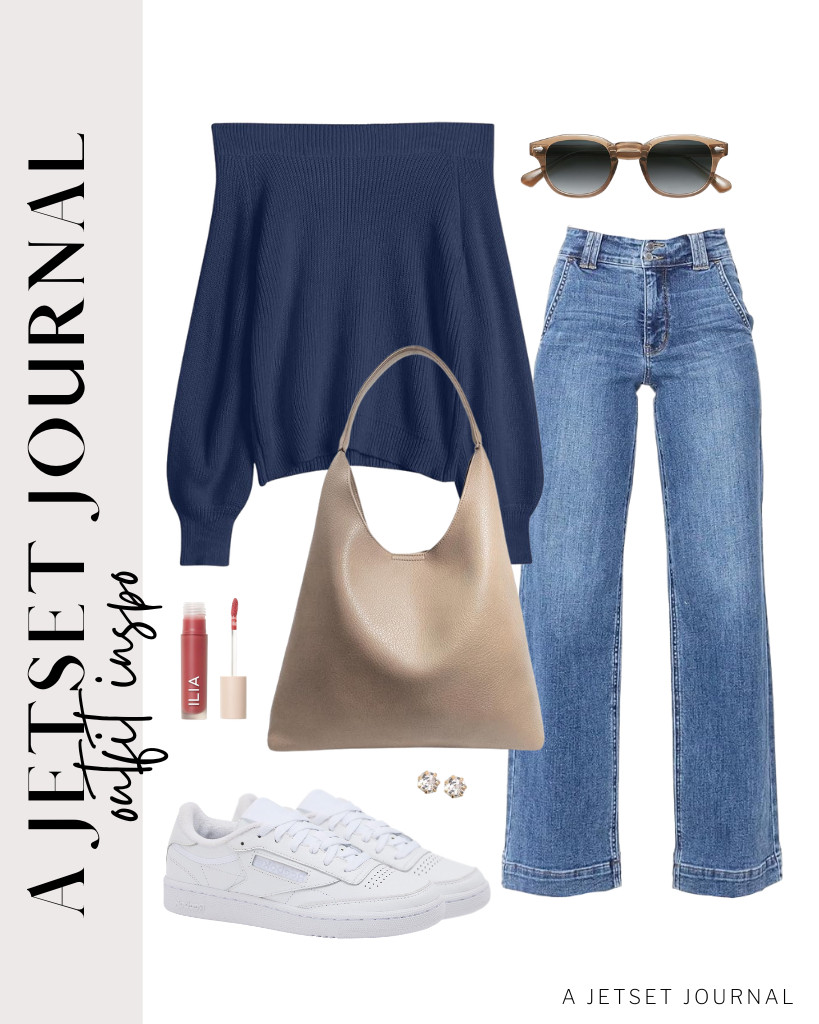 The last outfit is a combination of Astylish light-wash jeans and a navy off-the-shoulder sweater top. For this fit, Reebok tennis sneakers are the best footwear, and this slouchy tote purse matches the look, too! Don’t forget to wear your SOJOS retro sunnies and apply this bestselling lip gloss from ILIA. 

 #LTKSeasonal #LTKSaleAlert #LTKTravel