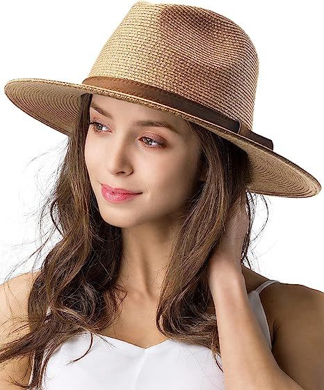 Womens Mens Wide Brim Straw Panama Hat Fedora Summer Beach Sun Hat UPF Straw Hat for Women | Amazon (US)