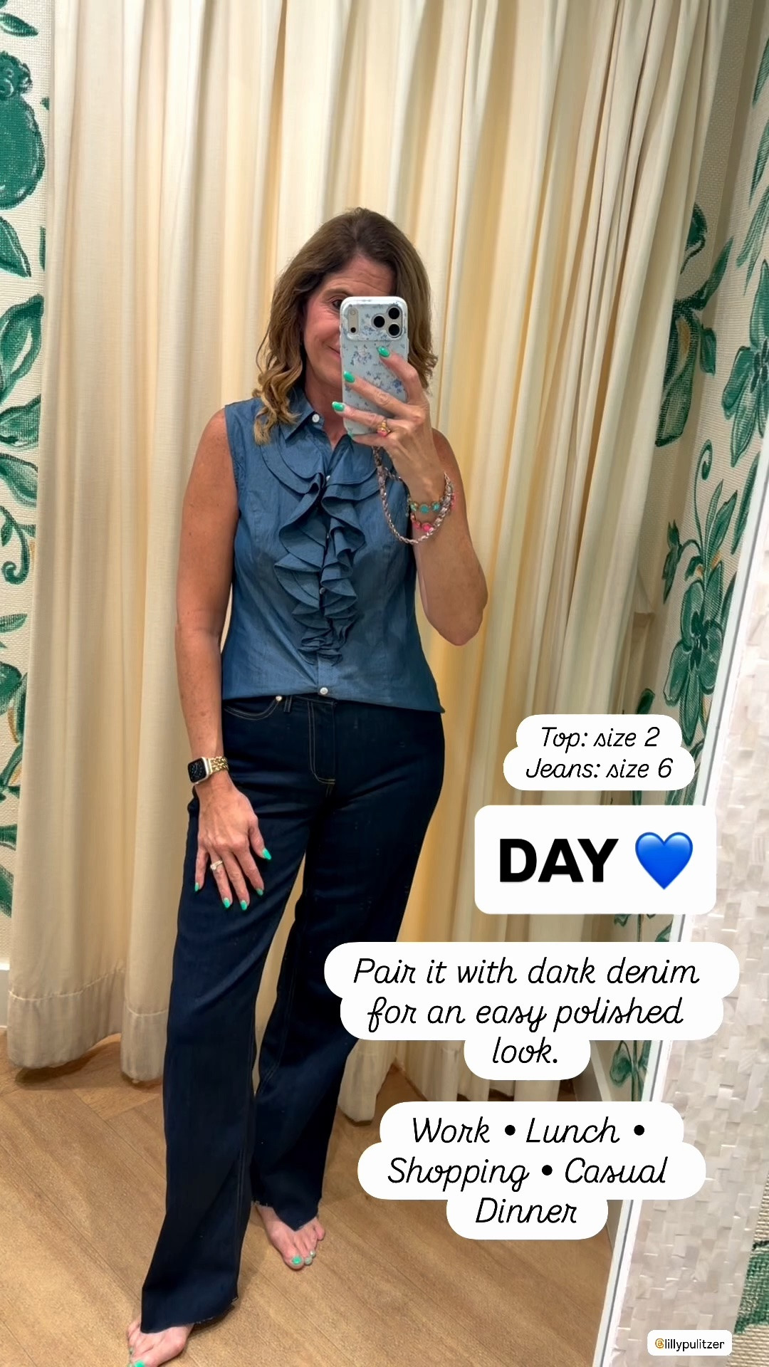 Fall Top 

DAY ➡️ NIGHT 💙

This ruffle top may be one of my FAVORITE pieces from the new Lilly Pulitzer fall release!

For DAY, I paired it with dark denim for a polished look that could easily work for lunch, shopping, work or a casual dinner.

For NIGHT, I switched the denim for this gorgeous blue printed skirt and it completely changed the look! ✨

I LOVE finding pieces that can be styled multiple ways — and this one is definitely a winner.

Wearing size 2 in the top, 6 in the jeans.

Which way would you wear it — DAY or NIGHT? 💙

#LillyPulitzer #LillyStyle #LillyPulitzerStyle #DayToNight #FallStyle #FallFashion #PreppyStyle #ColorfulStyle

Lilly Pulitzer fall 2026, Lilly Pulitzer new arrivals, Lilly Pulitzer fall release, Lilly Pulitzer try on, Lilly Pulitzer outfit ideas, Lilly Pulitzer styling, colorful fall outfits, preppy fall fashion, transitional fall outfit, blue fall outfit, day to night outfit, women’s fall fashion, colorful style over 50, fall fall date night outfit, fall work outfit, dark denim outfit, ruffle blouse,

#LTKOver40 #LTKSeasonal #LTKWorkwear